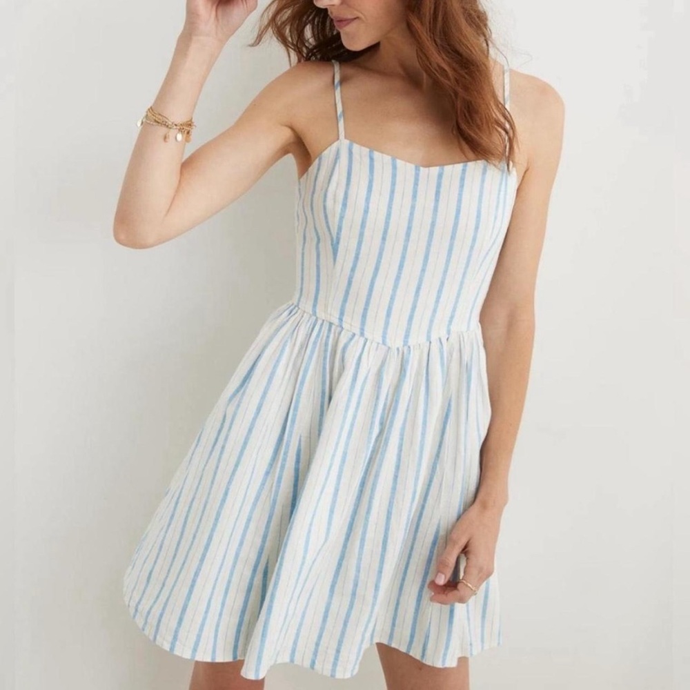 aerie Light Blue and White Striped Spaghetti Strap Mini Dress